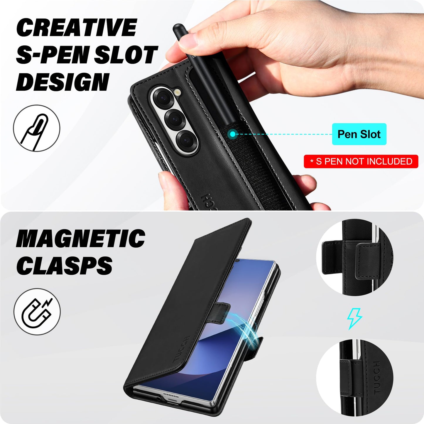 Galaxy Z Fold6 Wallet Case with S Pen Holder, PU Leather Flip Folio, Card Slots, RFID Blocking, Kickstand, Phone Cover for Galaxy Z Fold 6 2024 - Black - 7DAY'S
