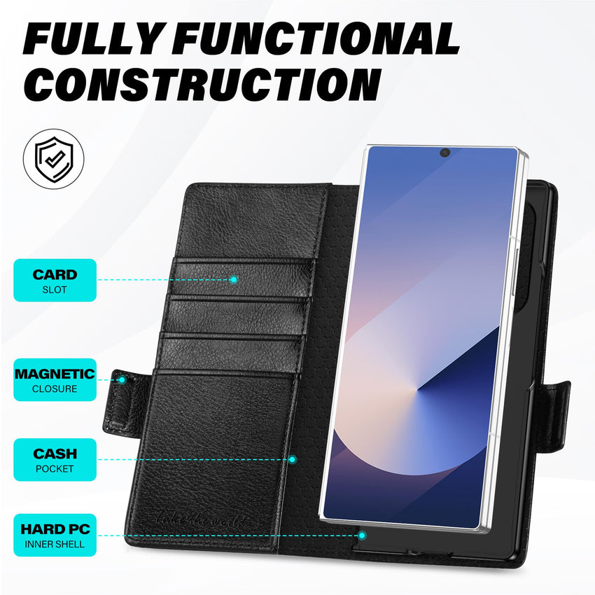 Galaxy Z Fold6 Wallet Case with S Pen Holder, PU Leather Flip Folio, Card Slots, RFID Blocking, Kickstand, Phone Cover for Galaxy Z Fold 6 2024 - Black - 7DAY'S