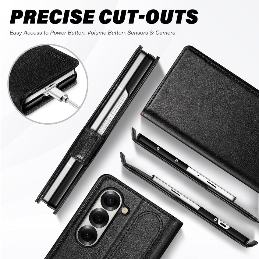 Galaxy Z Fold6 Wallet Case with S Pen Holder, PU Leather Flip Folio, Card Slots, RFID Blocking, Kickstand, Phone Cover for Galaxy Z Fold 6 2024 - Black - 7DAY'S