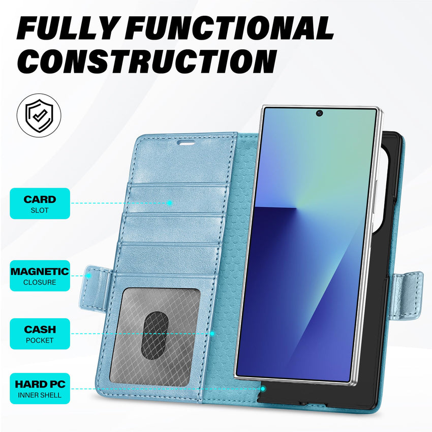 Galaxy Z Fold7 2025, PU Leather Folio Cover with Kickstand RFID Blocking [4 Card Slots] Magnetic Shock - Absorbent PC Shell Compatible with Galaxy Z Fold 7 (8.0") 5G, Black - 7DAY'S