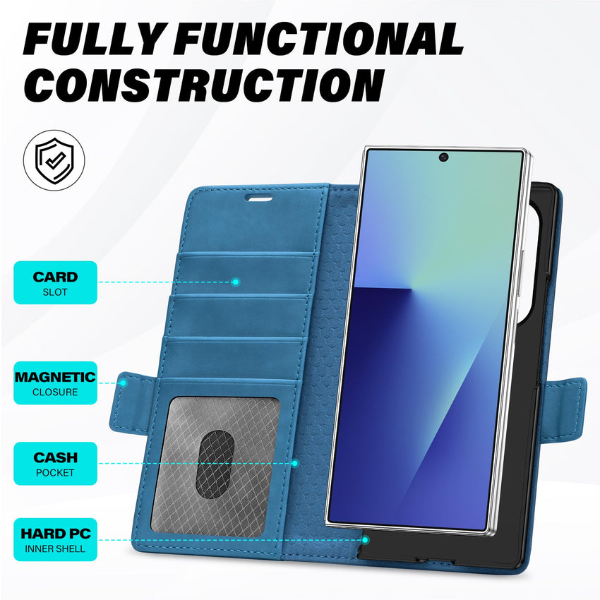 Galaxy Z Fold7 2025, PU Leather Folio Cover with Kickstand RFID Blocking [4 Card Slots] Magnetic Shock - Absorbent PC Shell Compatible with Galaxy Z Fold 7 (8.0") 5G, Black - 7DAY'S
