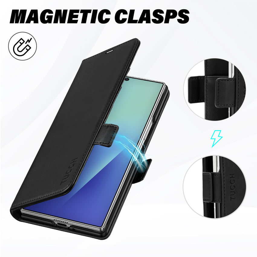 Galaxy Z Fold7 2025, PU Leather Folio Cover with Kickstand RFID Blocking [4 Card Slots] Magnetic Shock - Absorbent PC Shell Compatible with Galaxy Z Fold 7 (8.0") 5G, Black - 7DAY'S