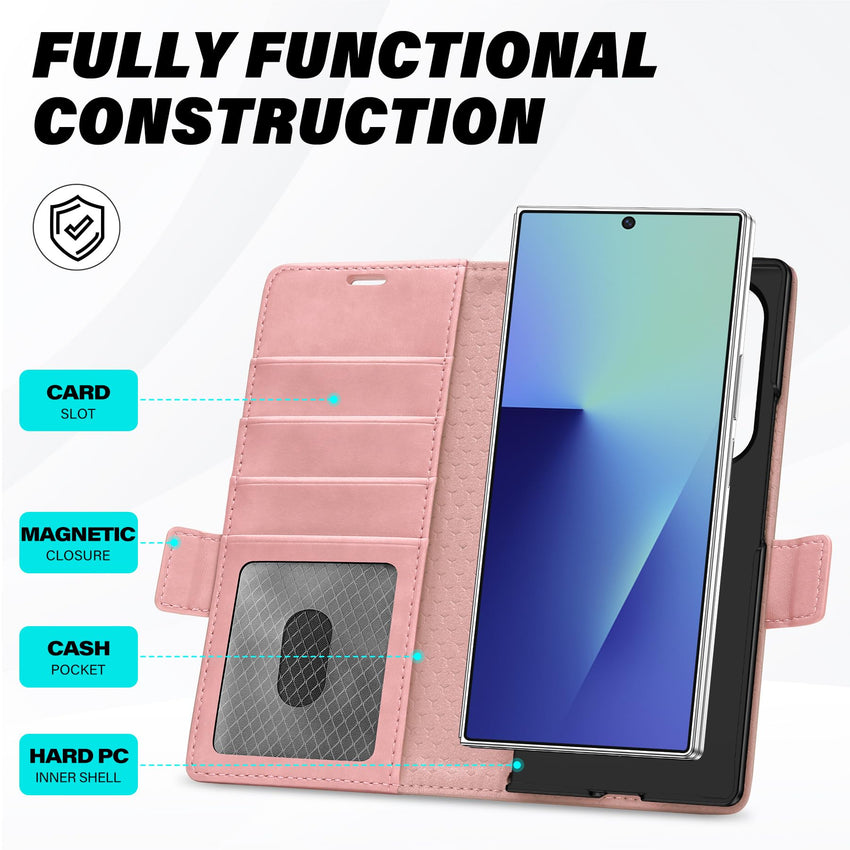 Galaxy Z Fold7 2025, PU Leather Folio Cover with Kickstand RFID Blocking [4 Card Slots] Magnetic Shock - Absorbent PC Shell Compatible with Galaxy Z Fold 7 (8.0") 5G, Black - 7DAY'S