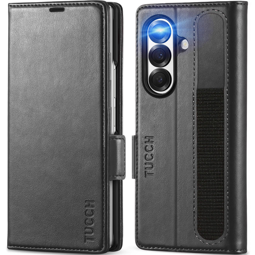 Galaxy Z Fold7 2025, PU Leather Folio Cover with Kickstand RFID Blocking [4 Card Slots] Magnetic Shock - Absorbent PC Shell Compatible with Galaxy Z Fold 7 (8.0") 5G, Black - 7DAY'S