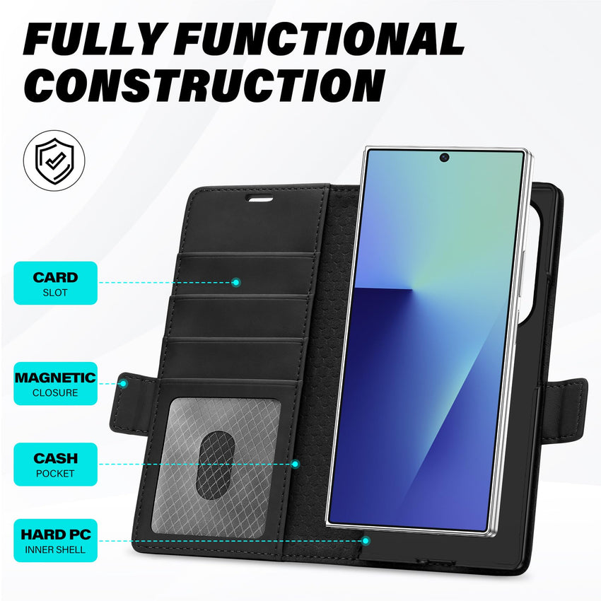 Galaxy Z Fold7 2025, PU Leather Folio Cover with Kickstand RFID Blocking [4 Card Slots] Magnetic Shock - Absorbent PC Shell Compatible with Galaxy Z Fold 7 (8.0") 5G, Black - 7DAY'S
