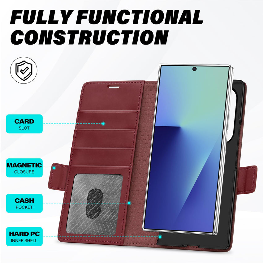 Galaxy Z Fold7 2025, PU Leather Folio Cover with Kickstand RFID Blocking [4 Card Slots] Magnetic Shock - Absorbent PC Shell Compatible with Galaxy Z Fold 7 (8.0") 5G, Black - 7DAY'S