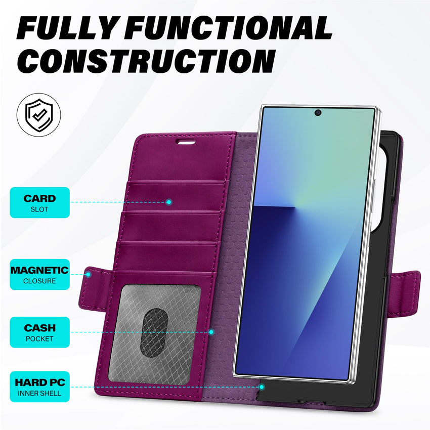 Galaxy Z Fold7 2025, PU Leather Folio Cover with Kickstand RFID Blocking [4 Card Slots] Magnetic Shock - Absorbent PC Shell Compatible with Galaxy Z Fold 7 (8.0") 5G, Black - 7DAY'S