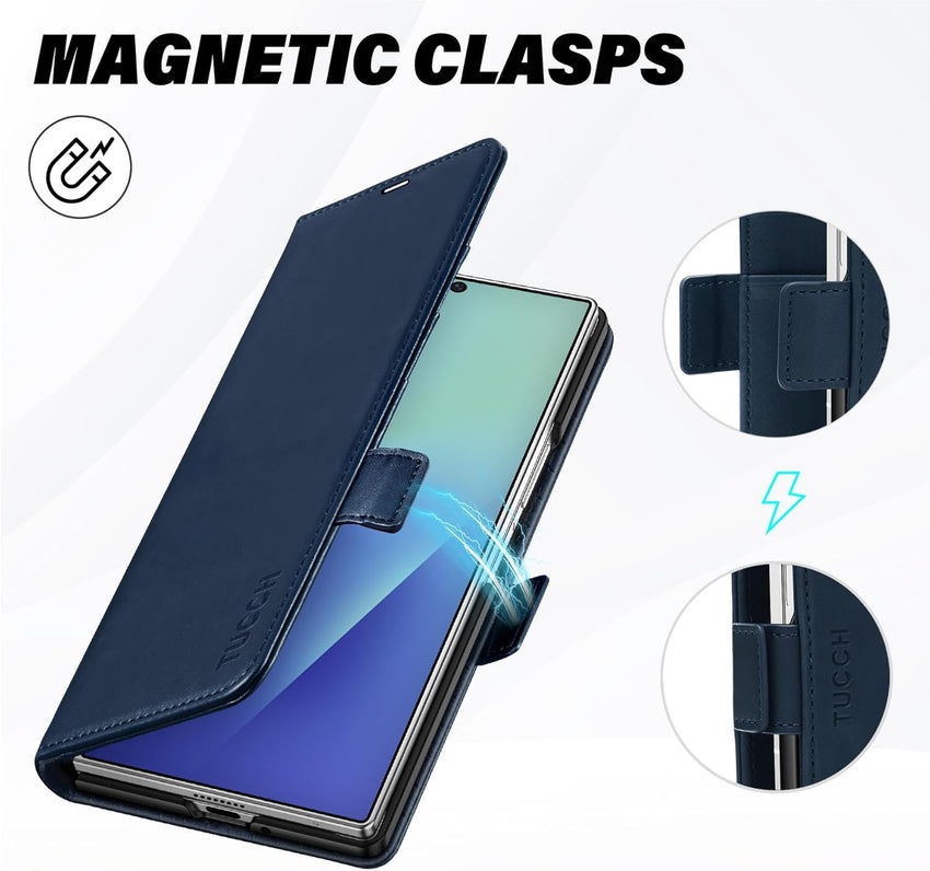 Galaxy Z Fold7 2025, PU Leather Folio Cover with Kickstand RFID Blocking [4 Card Slots] Magnetic Shock - Absorbent PC Shell Compatible with Galaxy Z Fold 7 (8.0") 5G, Black - 7DAY'S