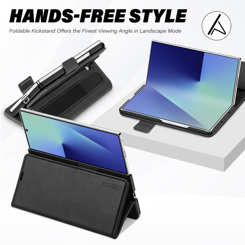 Galaxy Z Fold7 2025, PU Leather Folio Cover with Kickstand RFID Blocking [4 Card Slots] Magnetic Shock - Absorbent PC Shell Compatible with Galaxy Z Fold 7 (8.0") 5G, Black - 7DAY'S