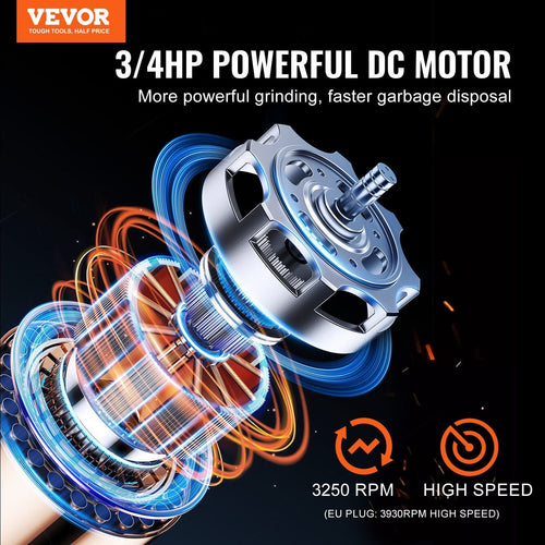 Garbage Disposal 3/4 HP Continuous Food Waste Disposer 3250RPM EZ Connect Corded - 7DAY'S