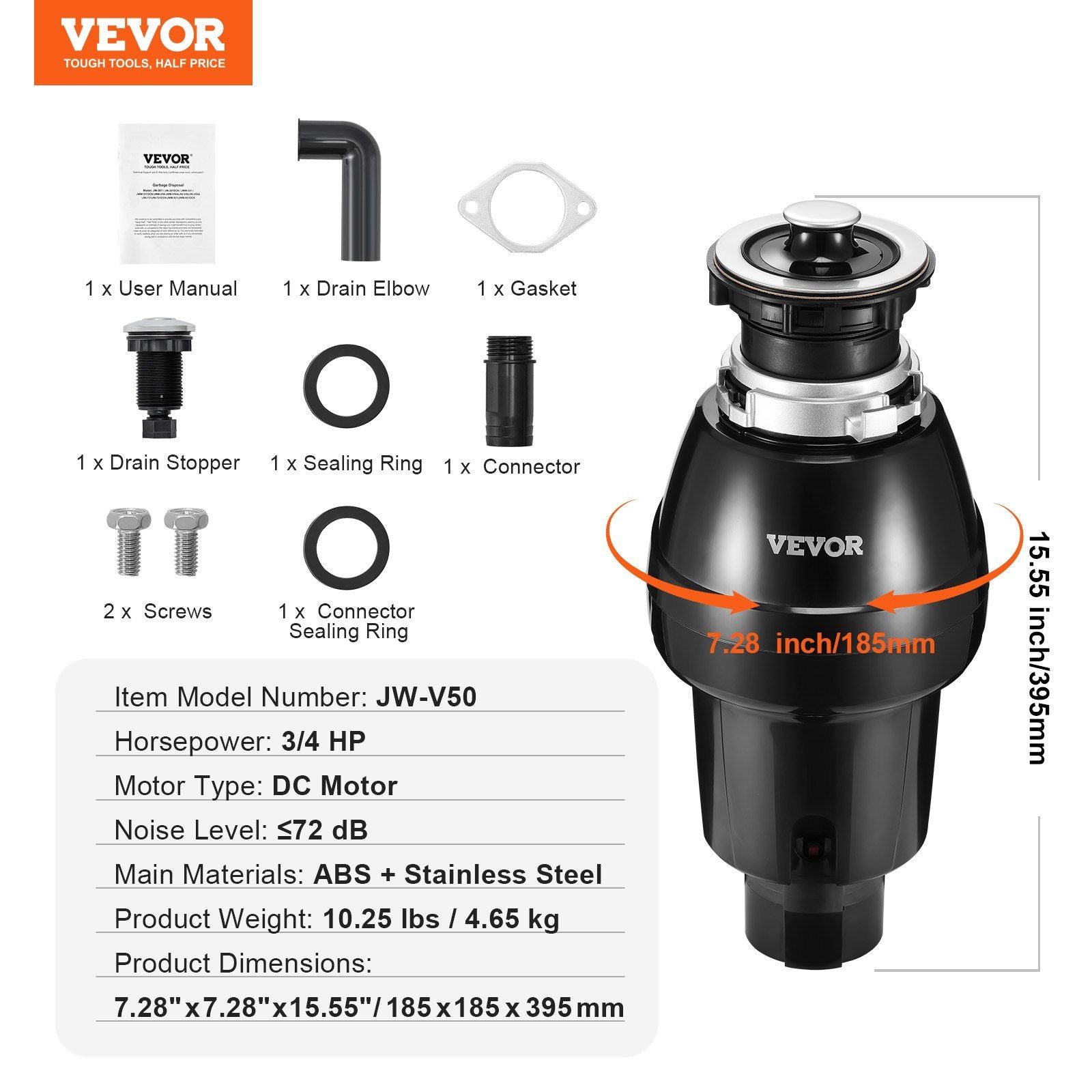 Garbage Disposal 3/4 HP Continuous Food Waste Disposer 3250RPM EZ Connect Corded - 7DAY'S