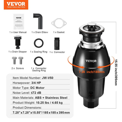 Garbage Disposal 3/4 HP Continuous Food Waste Disposer 3250RPM EZ Connect Corded - 7DAY'S