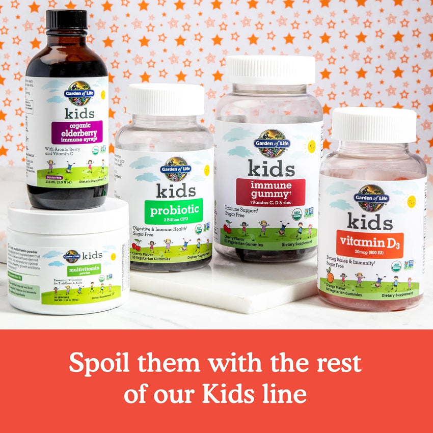 Garden of Life Kids Organic Vitamin D3 Gummies with 800 IU (100% Daily Value) for Strong Bones, Teeth, Brain & Immunity – Non - GMO, No Gluten, Vegetarian, Sugar Free, Orange Flavor, 60 Servings - 7DAY'S