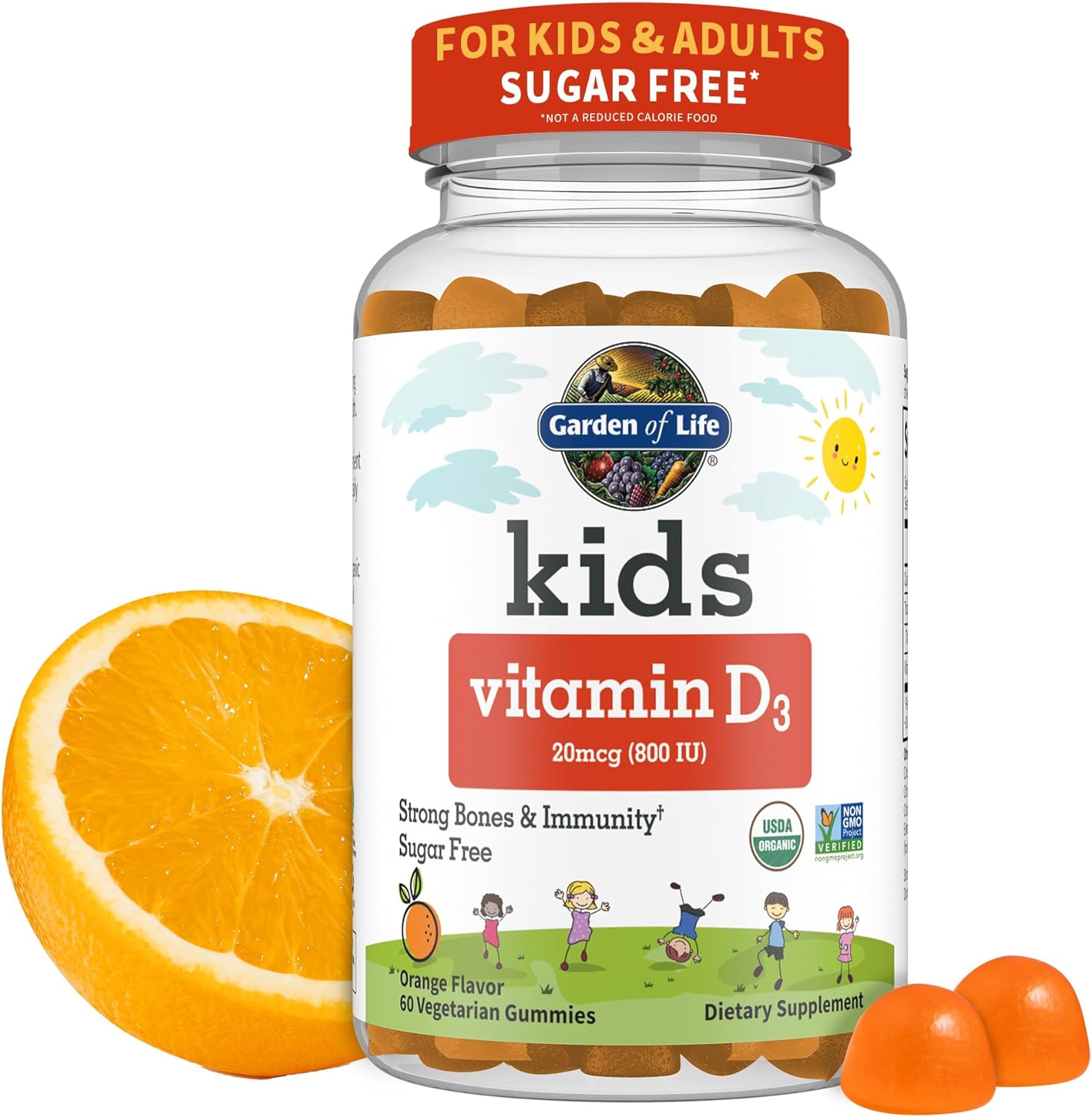 Garden of Life Kids Organic Vitamin D3 Gummies with 800 IU (100% Daily Value) for Strong Bones, Teeth, Brain & Immunity – Non - GMO, No Gluten, Vegetarian, Sugar Free, Orange Flavor, 60 Servings - 7DAY'S