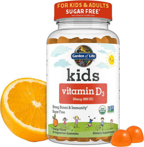 Garden of Life Kids Organic Vitamin D3 Gummies with 800 IU (100% Daily Value) for Strong Bones, Teeth, Brain & Immunity – Non-GMO, No Gluten, Vegetarian, Sugar Free, Orange Flavor, 60 Servings