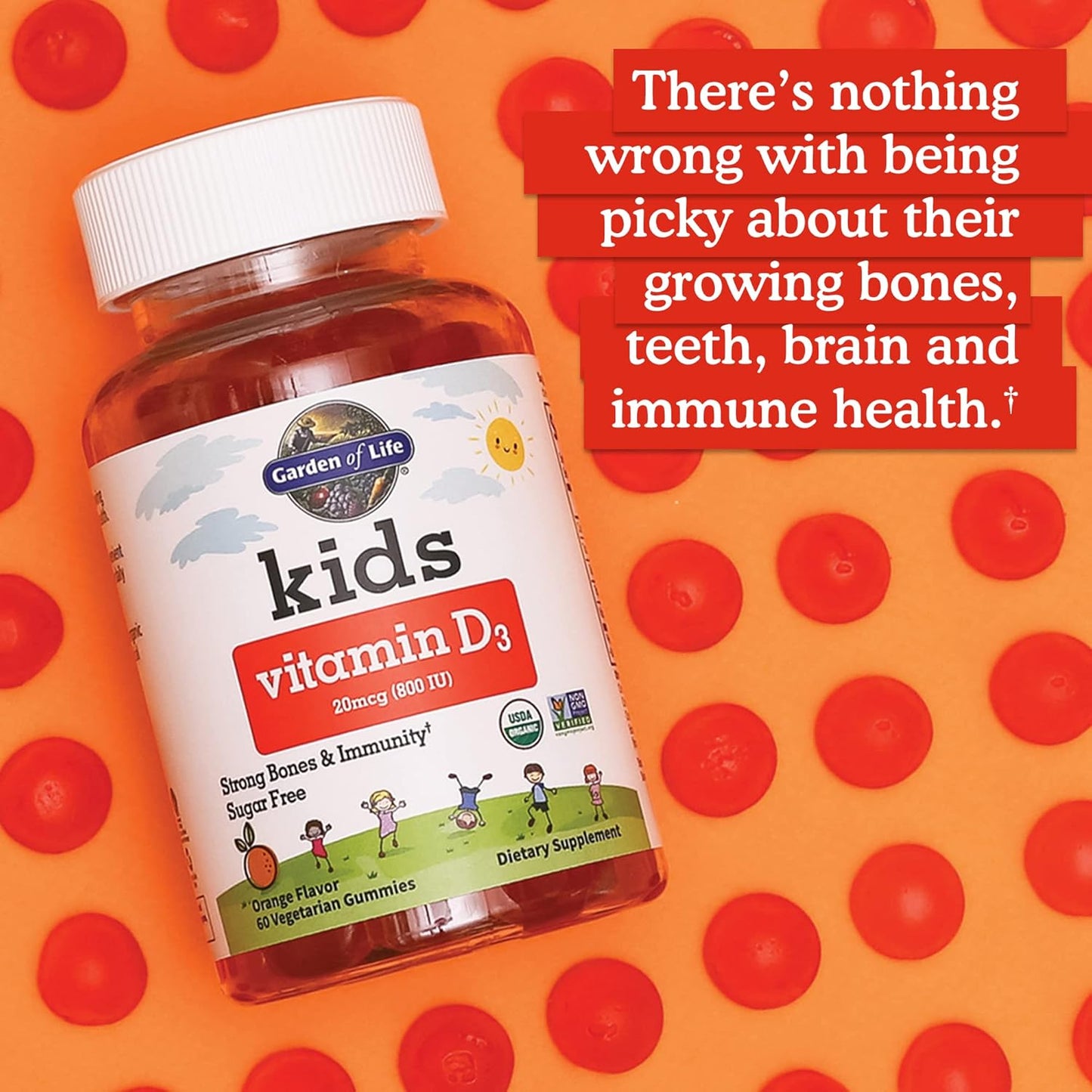 Garden of Life Kids Organic Vitamin D3 Gummies with 800 IU (100% Daily Value) for Strong Bones, Teeth, Brain & Immunity – Non - GMO, No Gluten, Vegetarian, Sugar Free, Orange Flavor, 60 Servings - 7DAY'S