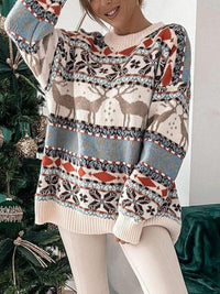 Geometric Round Neck Dropped Shoulder Sweater - 7DAY'S