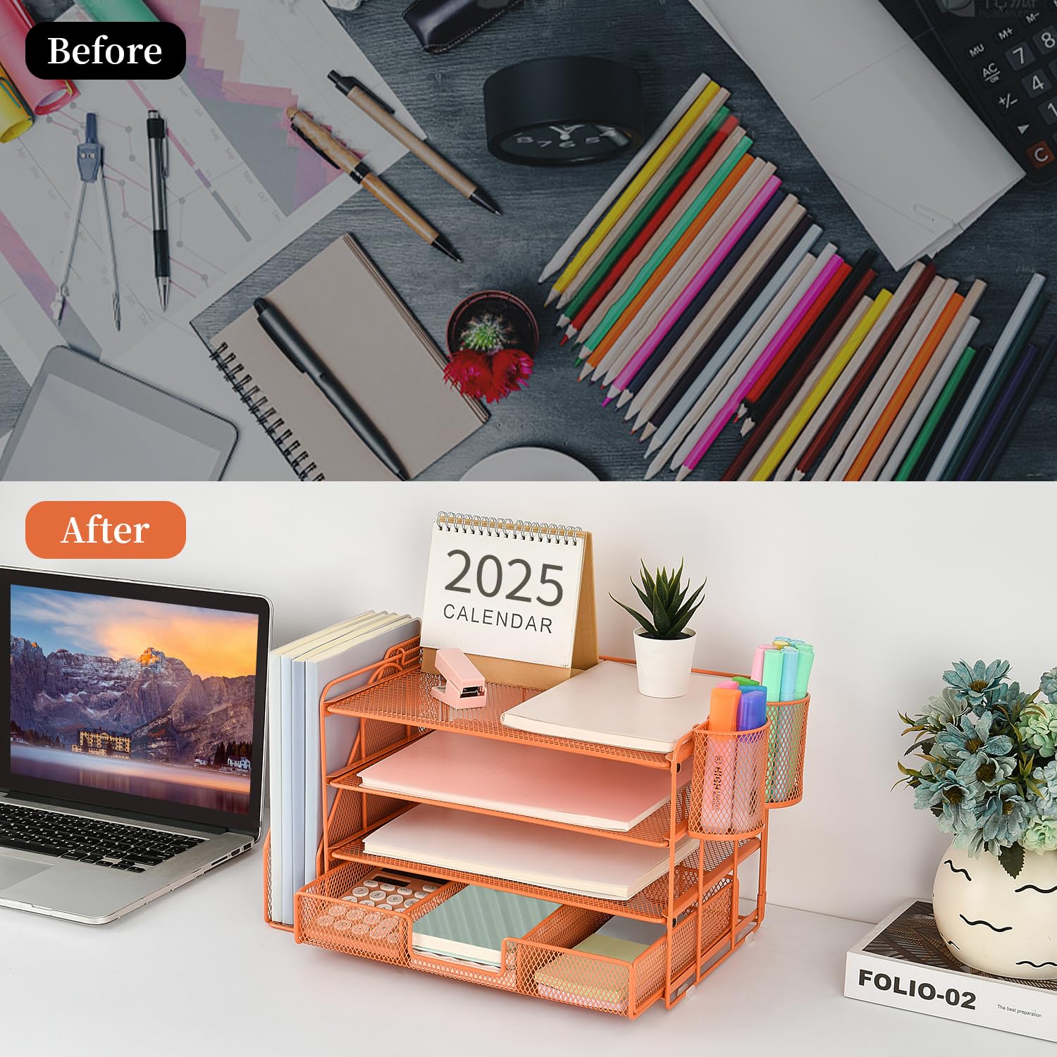 gianotter Desk Organizers and Accessories with File Holder, 4 - Tier Desk Accessories & Workspace Organizers with Drawer and 2 Pen Holder, Paper Organizer for Office Supplies (Rose Gold) - 7DAY'S