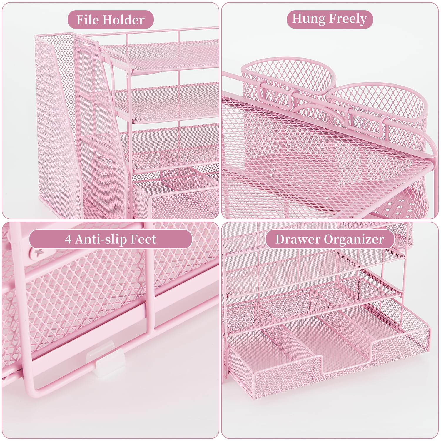 gianotter Desk Organizers and Accessories with File Holder, 4 - Tier Desk Accessories & Workspace Organizers with Drawer and 2 Pen Holder, Paper Organizer for Office Supplies (Rose Gold) - 7DAY'S