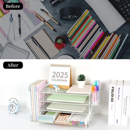 gianotter Desk Organizers and Accessories with File Holder, 4 - Tier Desk Accessories & Workspace Organizers with Drawer and 2 Pen Holder, Paper Organizer for Office Supplies (Rose Gold) - 7DAY'S
