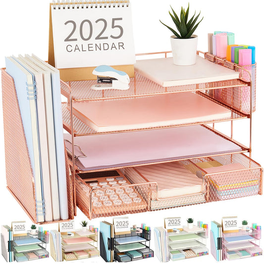 gianotter Desk Organizers and Accessories with File Holder, 4 - Tier Desk Accessories & Workspace Organizers with Drawer and 2 Pen Holder, Paper Organizer for Office Supplies (Rose Gold) - 7DAY'S