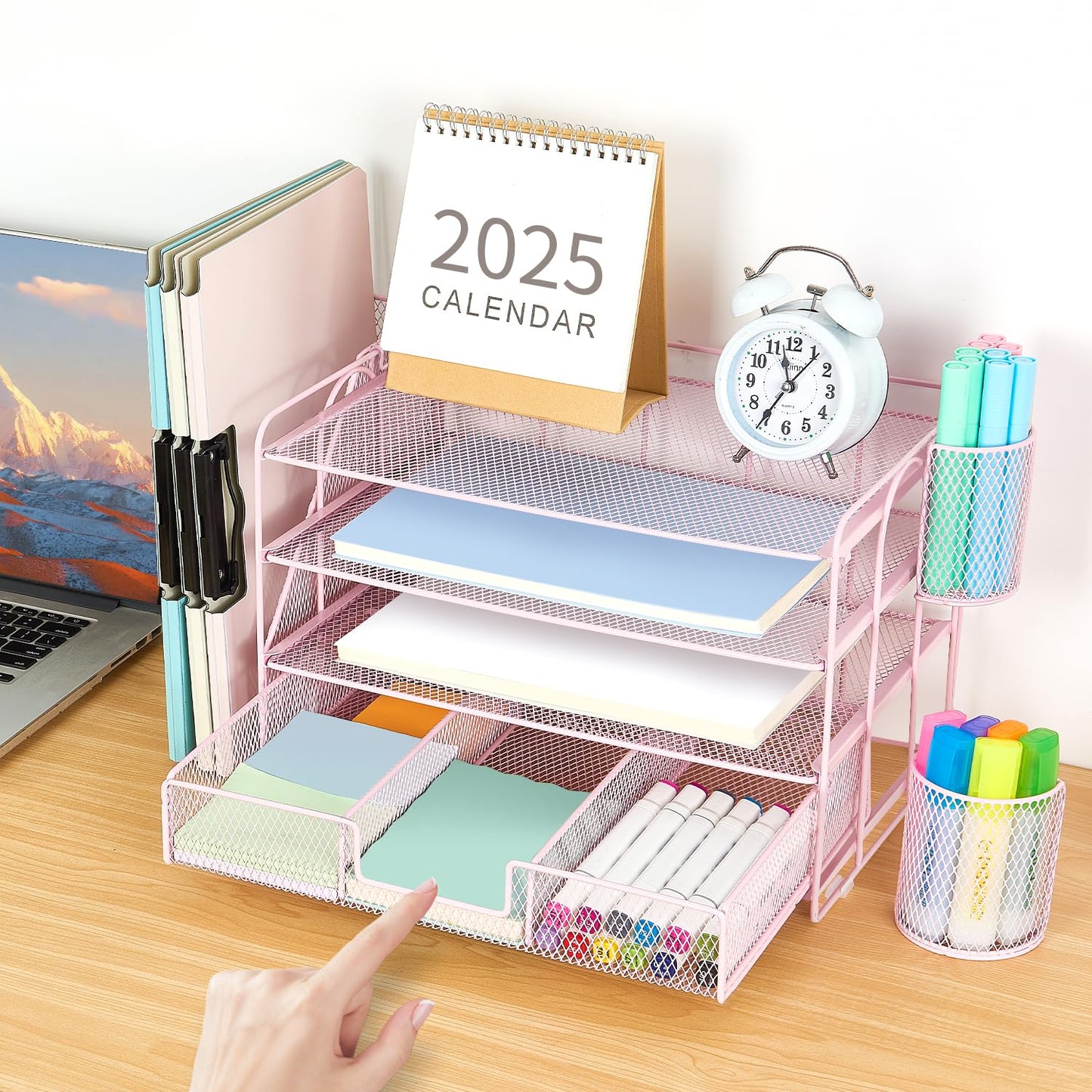 gianotter Desk Organizers and Accessories with File Holder, 4 - Tier Desk Accessories & Workspace Organizers with Drawer and 2 Pen Holder, Paper Organizer for Office Supplies (Rose Gold) - 7DAY'S