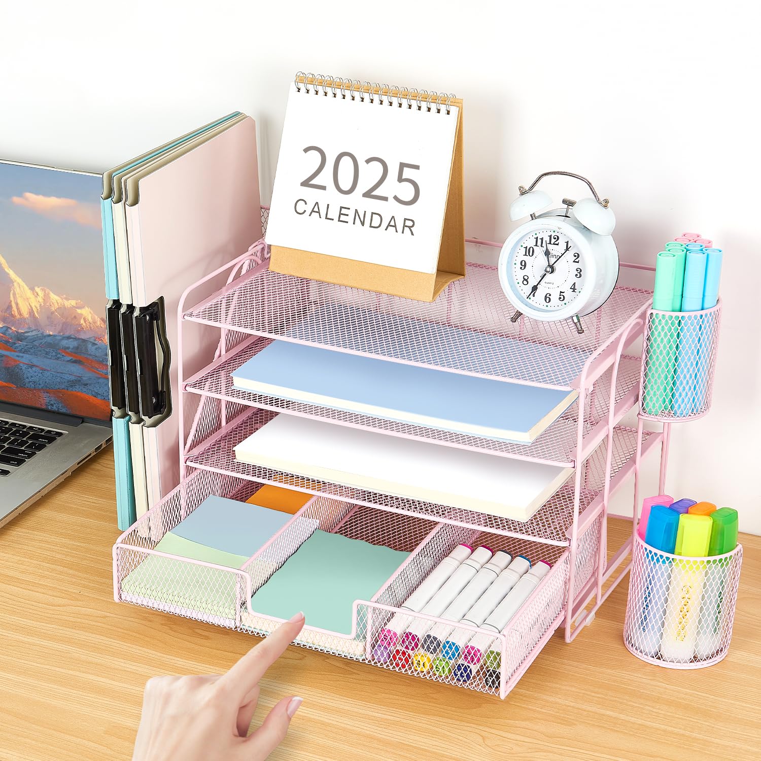 gianotter Desk Organizers and Accessories with File Holder, 4 - Tier Desk Accessories & Workspace Organizers with Drawer and 2 Pen Holder, Paper Organizer for Office Supplies (Rose Gold) - 7DAY'S