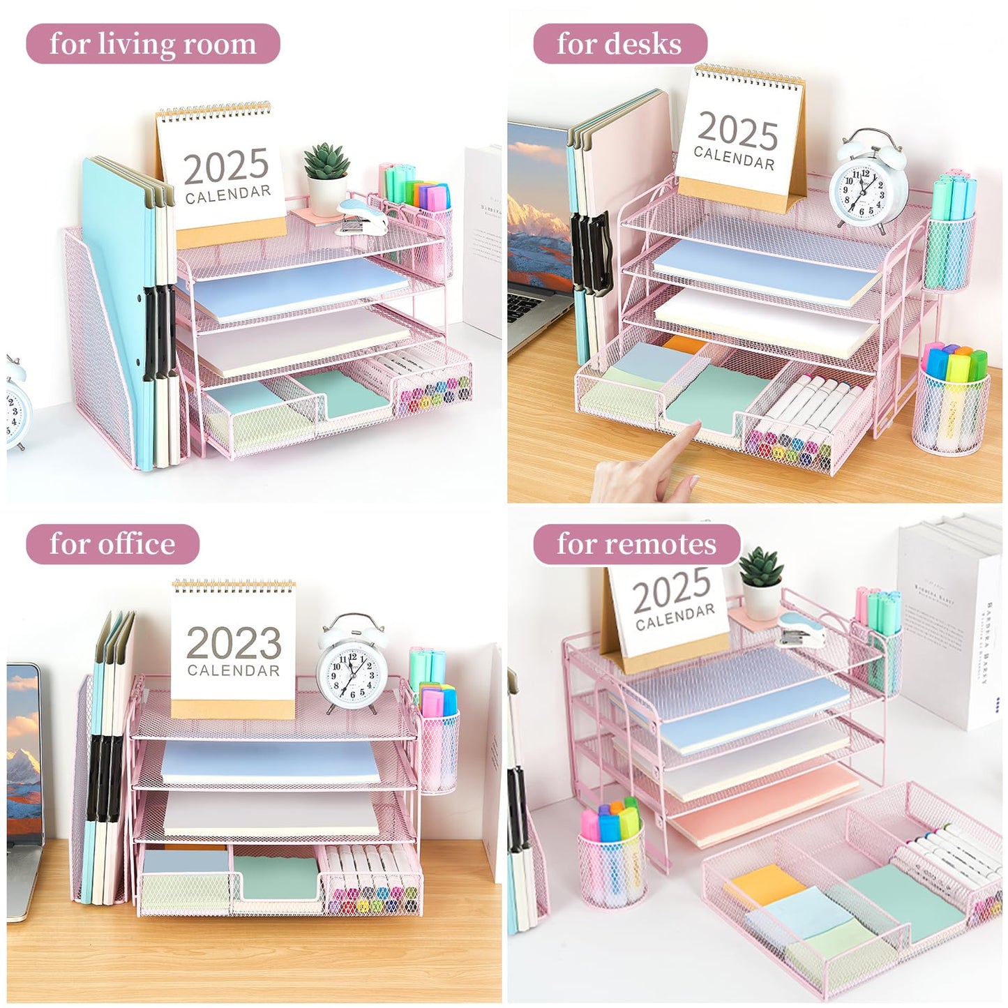 gianotter Desk Organizers and Accessories with File Holder, 4 - Tier Desk Accessories & Workspace Organizers with Drawer and 2 Pen Holder, Paper Organizer for Office Supplies (Rose Gold) - 7DAY'S