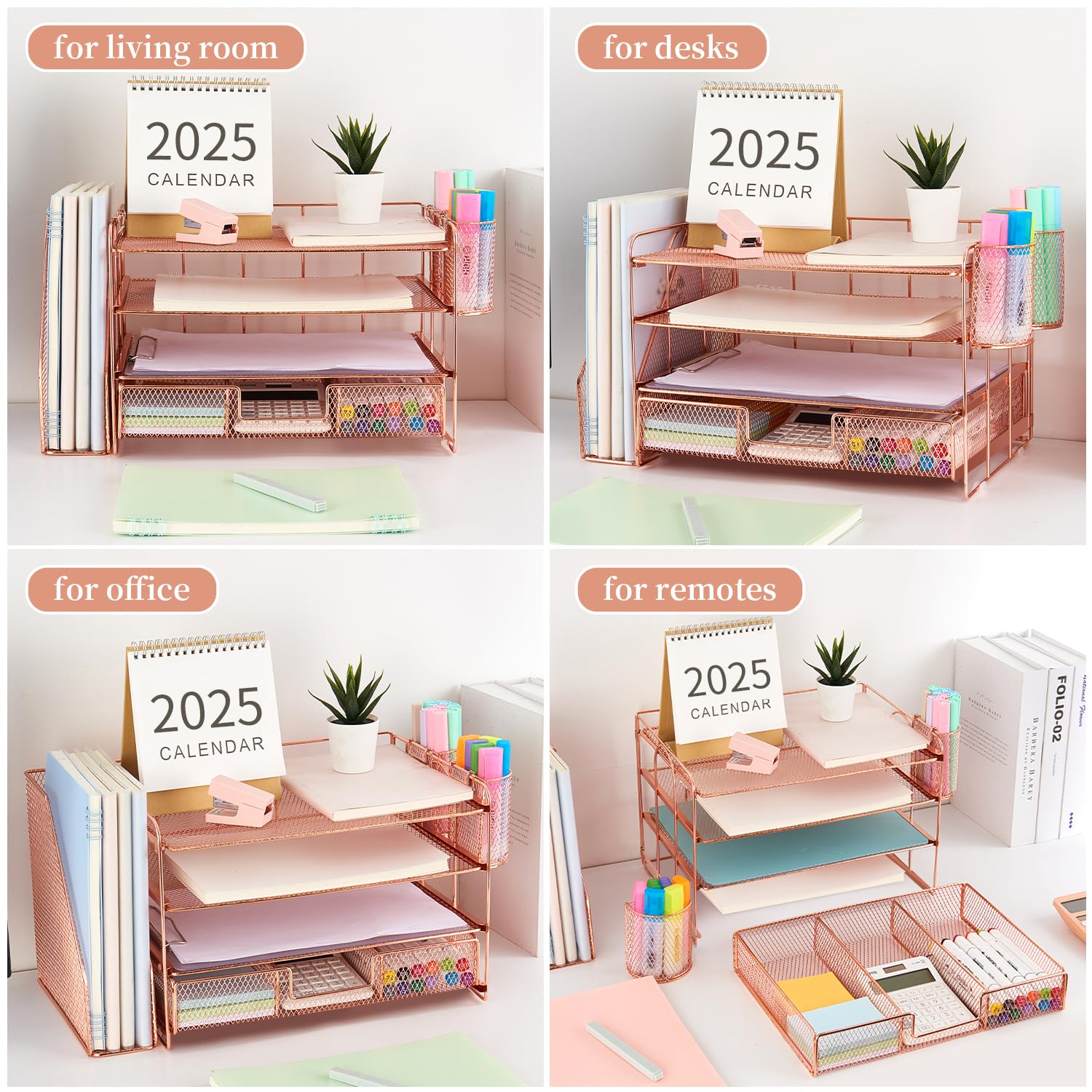 gianotter Desk Organizers and Accessories with File Holder, 4 - Tier Desk Accessories & Workspace Organizers with Drawer and 2 Pen Holder, Paper Organizer for Office Supplies (Rose Gold) - 7DAY'S