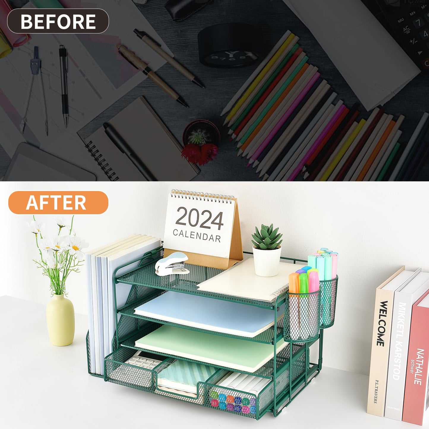 gianotter Desk Organizers and Accessories with File Holder, 4 - Tier Desk Accessories & Workspace Organizers with Drawer and 2 Pen Holder, Paper Organizer for Office Supplies (Rose Gold) - 7DAY'S