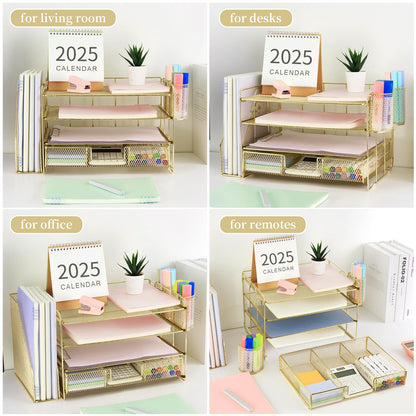gianotter Desk Organizers and Accessories with File Holder, 4 - Tier Desk Accessories & Workspace Organizers with Drawer and 2 Pen Holder, Paper Organizer for Office Supplies (Rose Gold) - 7DAY'S