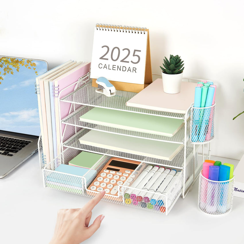 gianotter Desk Organizers and Accessories with File Holder, 4 - Tier Desk Accessories & Workspace Organizers with Drawer and 2 Pen Holder, Paper Organizer for Office Supplies (Rose Gold) - 7DAY'S