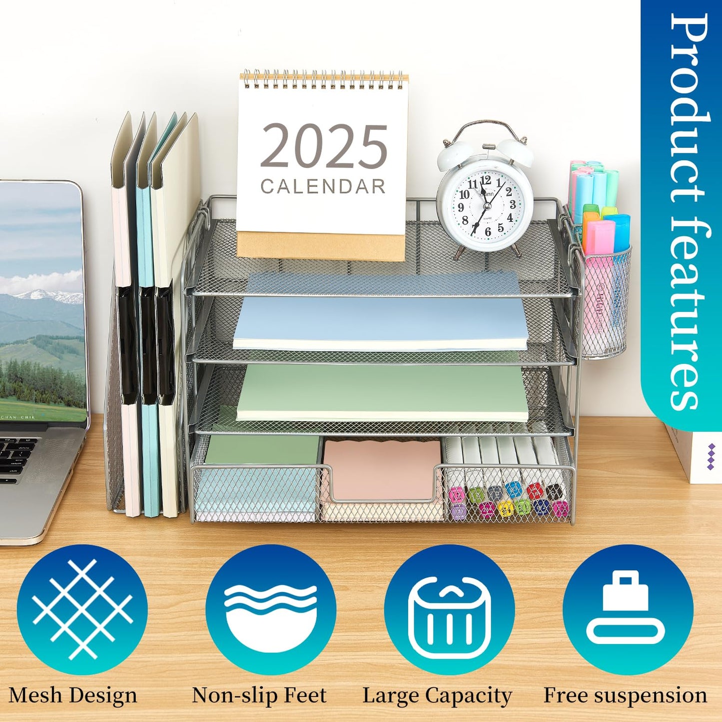 gianotter Desk Organizers and Accessories with File Holder, 4 - Tier Desk Accessories & Workspace Organizers with Drawer and 2 Pen Holder, Paper Organizer for Office Supplies (Rose Gold) - 7DAY'S
