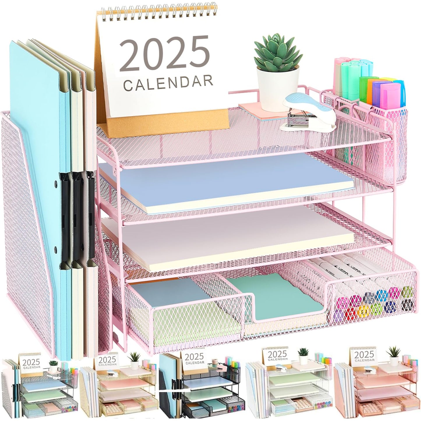 gianotter Desk Organizers and Accessories with File Holder, 4 - Tier Desk Accessories & Workspace Organizers with Drawer and 2 Pen Holder, Paper Organizer for Office Supplies (Rose Gold) - 7DAY'S