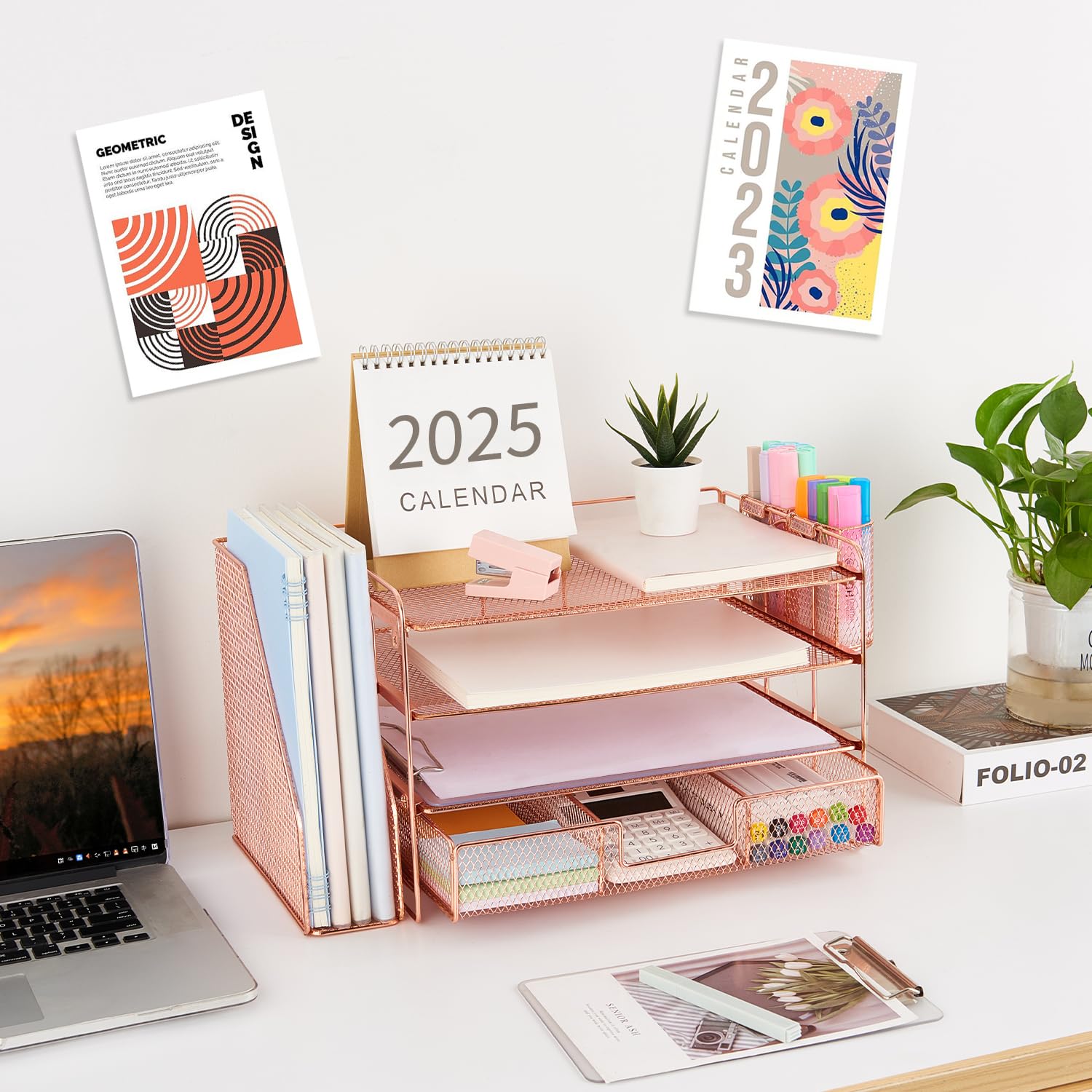 gianotter Desk Organizers and Accessories with File Holder, 4 - Tier Desk Accessories & Workspace Organizers with Drawer and 2 Pen Holder, Paper Organizer for Office Supplies (Rose Gold) - 7DAY'S