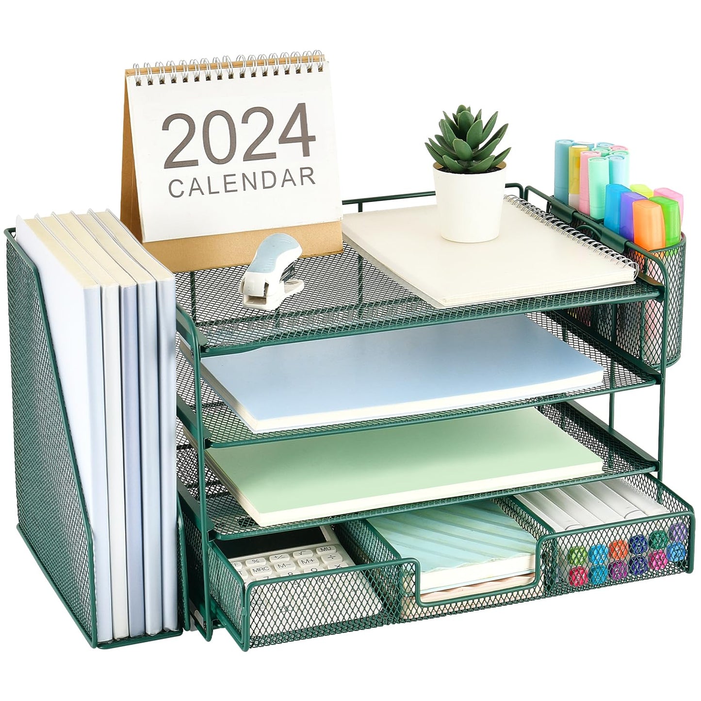gianotter Desk Organizers and Accessories with File Holder, 4 - Tier Desk Accessories & Workspace Organizers with Drawer and 2 Pen Holder, Paper Organizer for Office Supplies (Rose Gold) - 7DAY'S