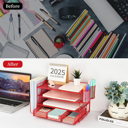 gianotter Desk Organizers and Accessories with File Holder, 4 - Tier Desk Accessories & Workspace Organizers with Drawer and 2 Pen Holder, Paper Organizer for Office Supplies (Rose Gold) - 7DAY'S