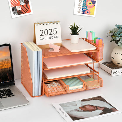 gianotter Desk Organizers and Accessories with File Holder, 4 - Tier Desk Accessories & Workspace Organizers with Drawer and 2 Pen Holder, Paper Organizer for Office Supplies (Rose Gold) - 7DAY'S