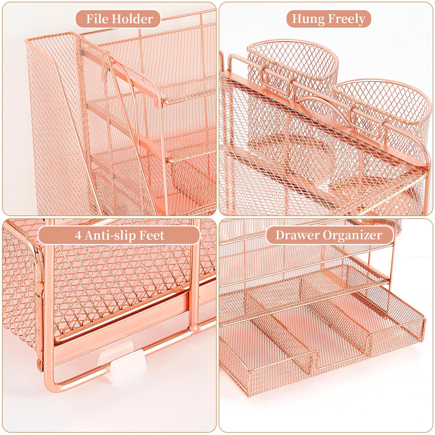 gianotter Desk Organizers and Accessories with File Holder, 4 - Tier Desk Accessories & Workspace Organizers with Drawer and 2 Pen Holder, Paper Organizer for Office Supplies (Rose Gold) - 7DAY'S