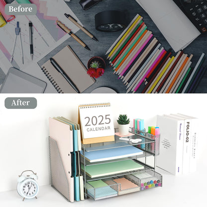 gianotter Desk Organizers and Accessories with File Holder, 4 - Tier Desk Accessories & Workspace Organizers with Drawer and 2 Pen Holder, Paper Organizer for Office Supplies (Rose Gold) - 7DAY'S