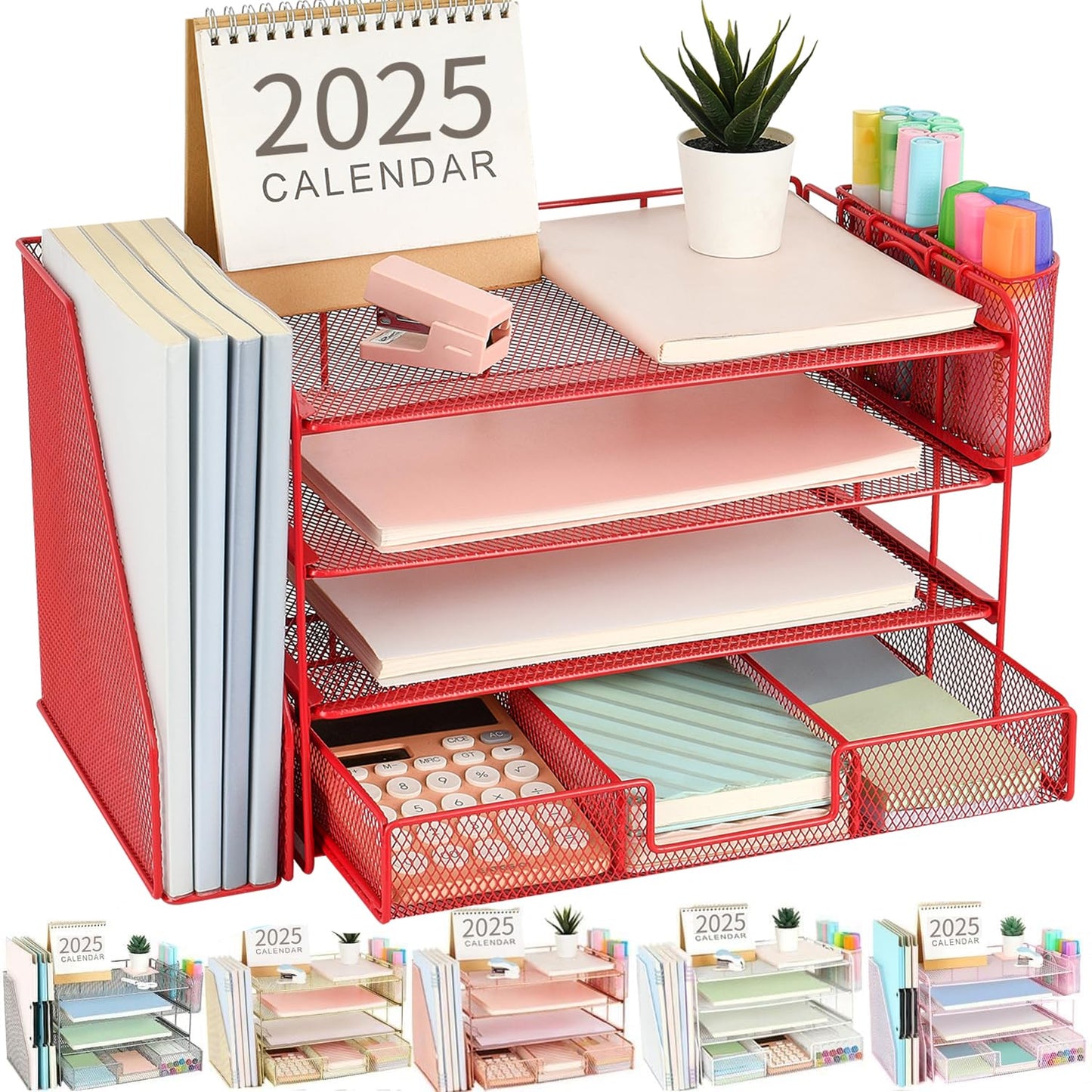 gianotter Desk Organizers and Accessories with File Holder, 4 - Tier Desk Accessories & Workspace Organizers with Drawer and 2 Pen Holder, Paper Organizer for Office Supplies (Rose Gold) - 7DAY'S