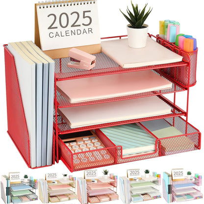 gianotter Desk Organizers and Accessories with File Holder, 4 - Tier Desk Accessories & Workspace Organizers with Drawer and 2 Pen Holder, Paper Organizer for Office Supplies (Rose Gold) - 7DAY'S