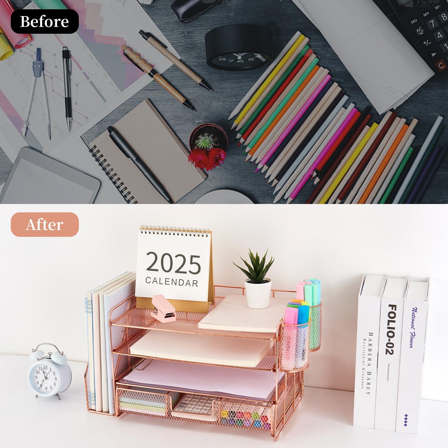 gianotter Desk Organizers and Accessories with File Holder, 4 - Tier Desk Accessories & Workspace Organizers with Drawer and 2 Pen Holder, Paper Organizer for Office Supplies (Rose Gold) - 7DAY'S