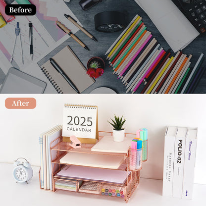 gianotter Desk Organizers and Accessories with File Holder, 4 - Tier Desk Accessories & Workspace Organizers with Drawer and 2 Pen Holder, Paper Organizer for Office Supplies (Rose Gold) - 7DAY'S