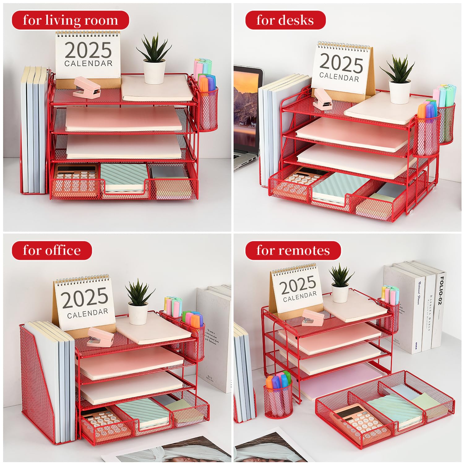 gianotter Desk Organizers and Accessories with File Holder, 4 - Tier Desk Accessories & Workspace Organizers with Drawer and 2 Pen Holder, Paper Organizer for Office Supplies (Rose Gold) - 7DAY'S
