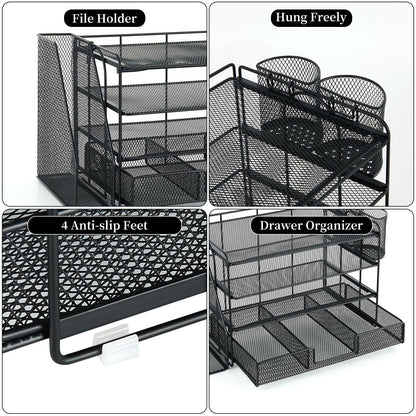 gianotter Desk Organizers and Accessories with File Holder, 4 - Tier Desk Accessories & Workspace Organizers with Drawer and 2 Pen Holder, Paper Organizer for Office Supplies (Rose Gold) - 7DAY'S
