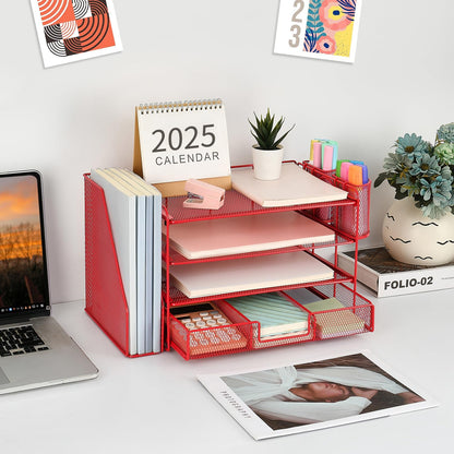 gianotter Desk Organizers and Accessories with File Holder, 4 - Tier Desk Accessories & Workspace Organizers with Drawer and 2 Pen Holder, Paper Organizer for Office Supplies (Rose Gold) - 7DAY'S