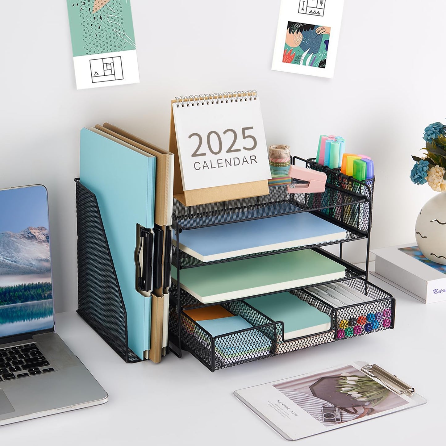 gianotter Desk Organizers and Accessories with File Holder, 4 - Tier Desk Accessories & Workspace Organizers with Drawer and 2 Pen Holder, Paper Organizer for Office Supplies (Rose Gold) - 7DAY'S