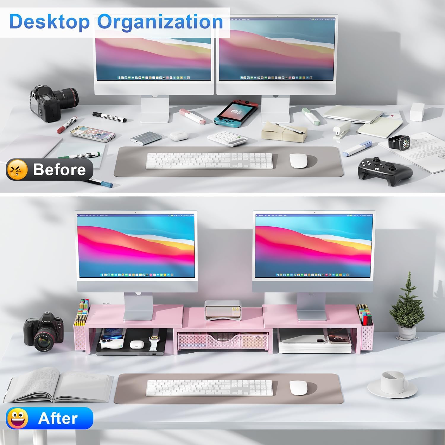 gianotter Dual Monitor Stand Riser, Desk Organizer With Drawer and 2 Pen Holders, Computer Monitor Stand, Desk Shelf for Top of Desk, Balck - 7DAY'S