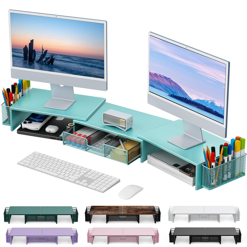 gianotter Dual Monitor Stand Riser, Desk Organizer With Drawer and 2 Pen Holders, Computer Monitor Stand, Desk Shelf for Top of Desk, Balck - 7DAY'S